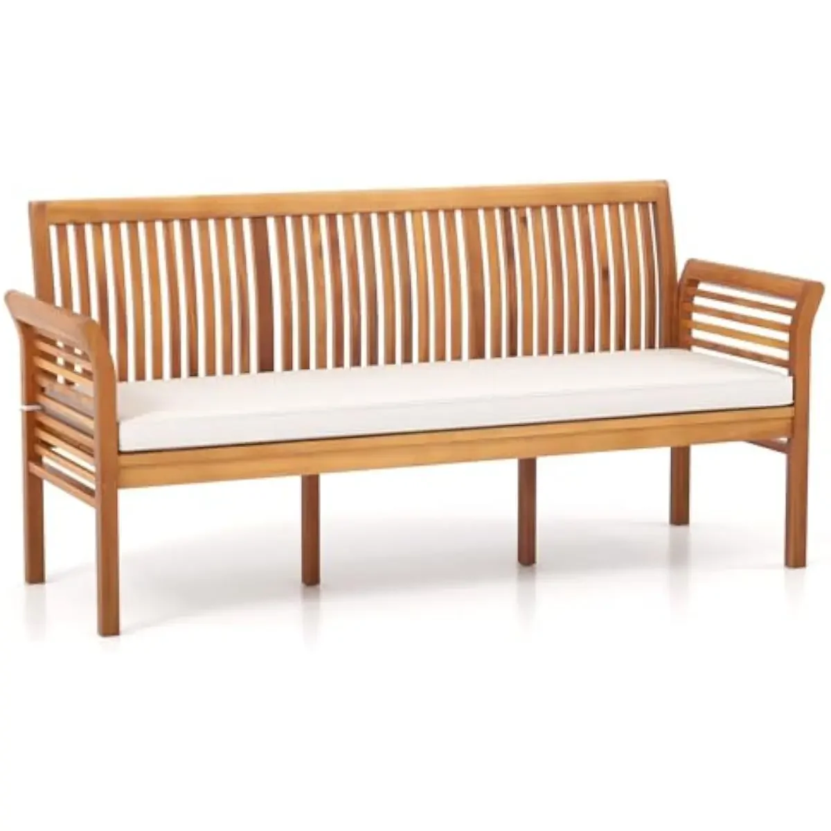 62.5 inch rustic acacia bench for outdoor spaces — 3 person slatted garden seat with ergonomic backrest armrests and removable c