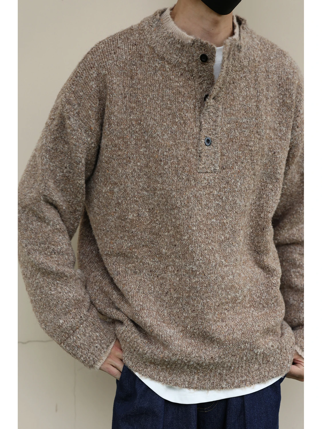 

Трикотаж с воротником Генри в стиле пэчворк Long Sve Crew Ne, искусственный свитер из двух предметов, свободный крой, универсальный осенний молодежный повседневный свитер из смеси шерсти