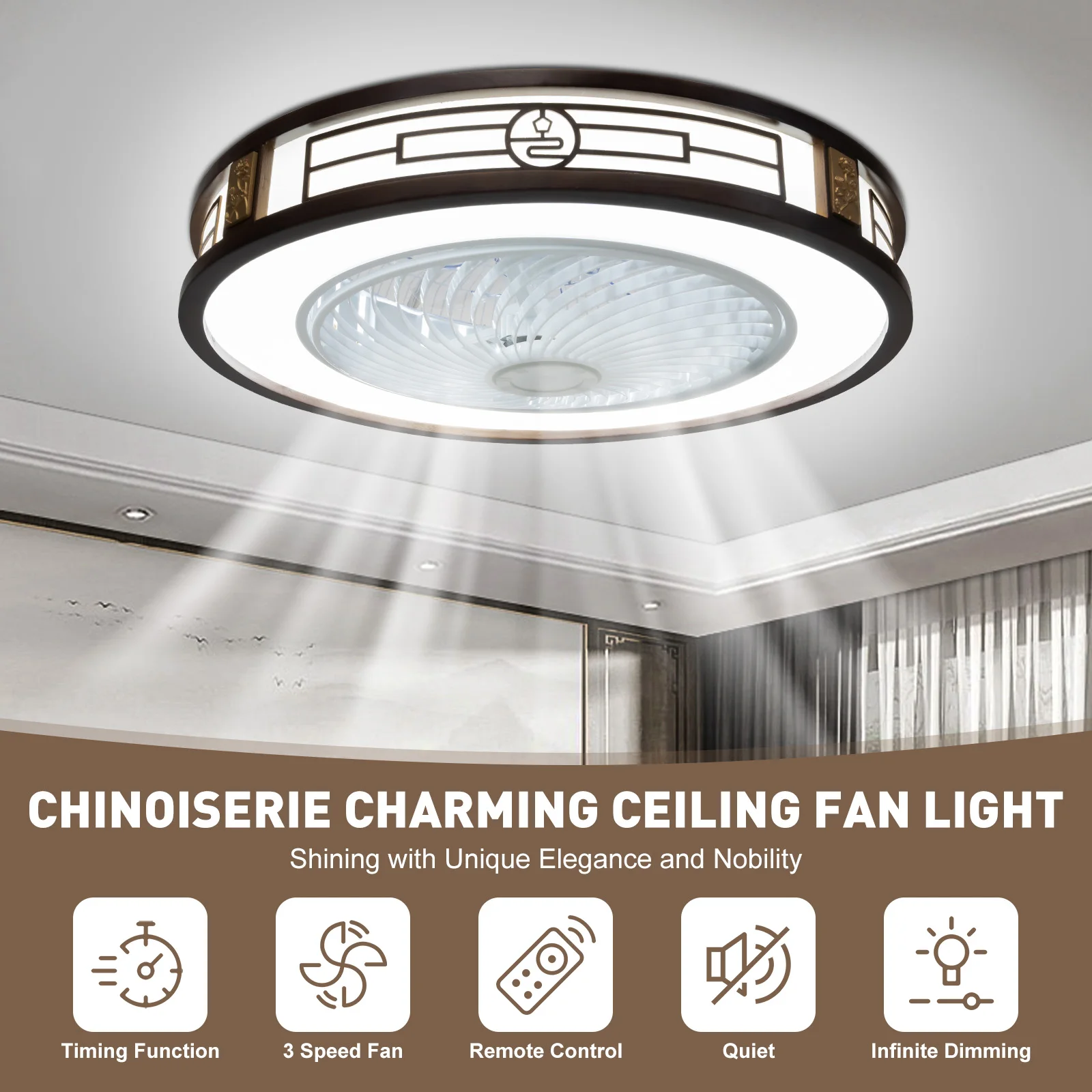 Modern LED Ceiling Fan With Light Dimmable Round Chandelier Lamp 3 Speeds+Remote