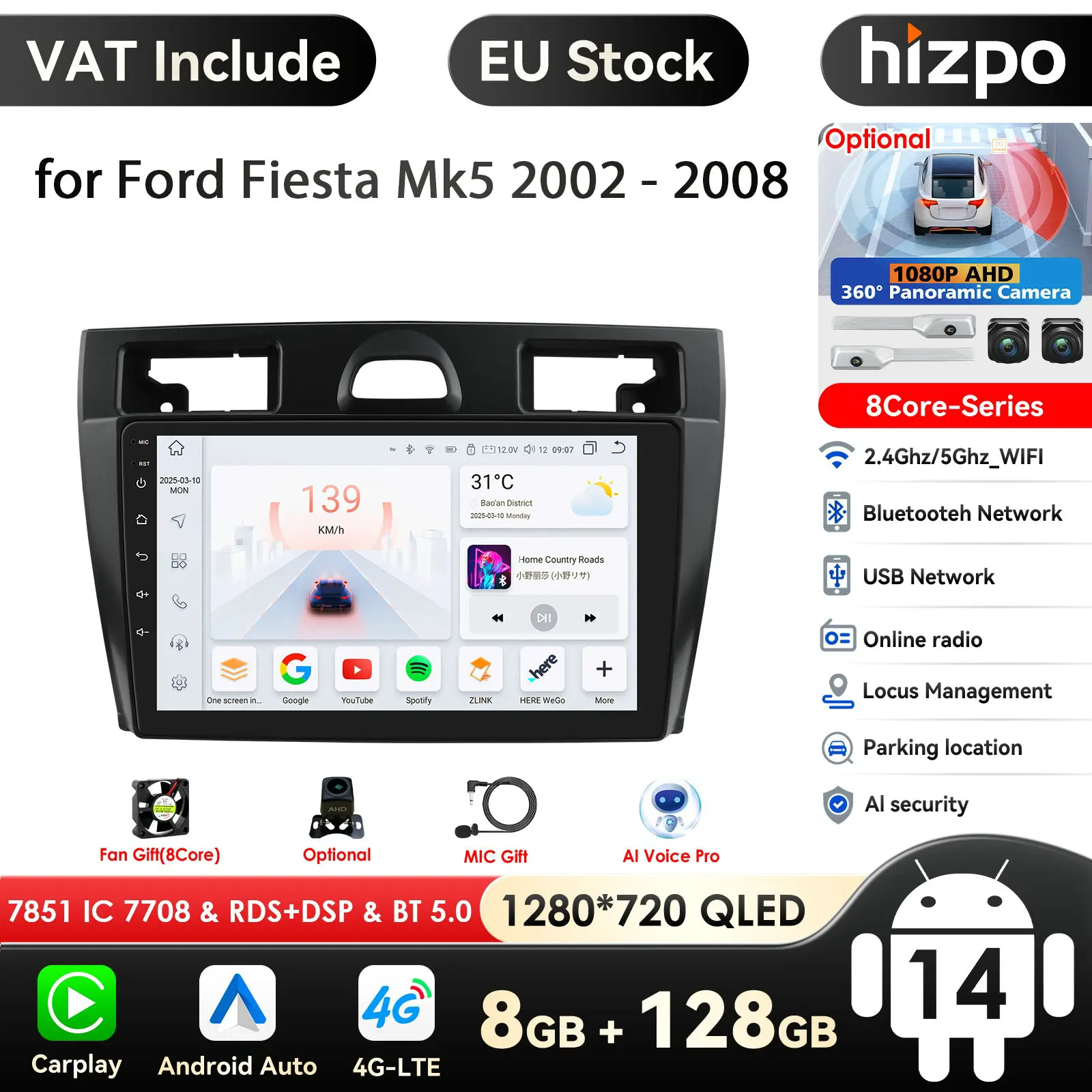 Hizpo per Ford Fiesta Mk VI 5 Mk5 2002 - 2008 Autoradio Lettore video multimediale Navigazione GPS Android AUTO Carplay 4G 2din DVD