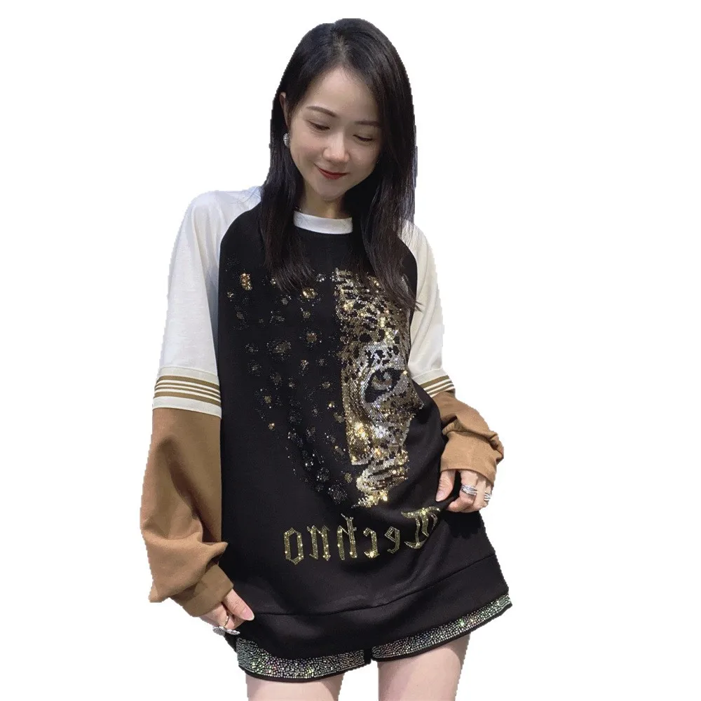 Heavy Industry Hot Diamond Sweatshirt Women Autumn New Pullover Loose Versatile Crew Neck Space Cotton Splicing Color Sweatshirt