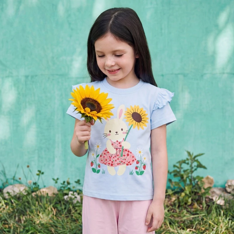 

2026 Summer New Girl's Flower Printed Round Neck Rabbit Pattern Cotton T-shirt Top