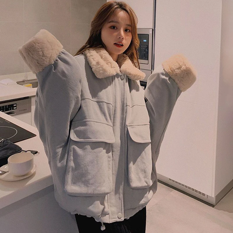 خمر فو الفراء طوق المرقعة القطن وسادة مبطنة المرأة اليابانية جيب كبير الشتاء ملابس خارجية فضفاضة تنوعا امرأة سترات