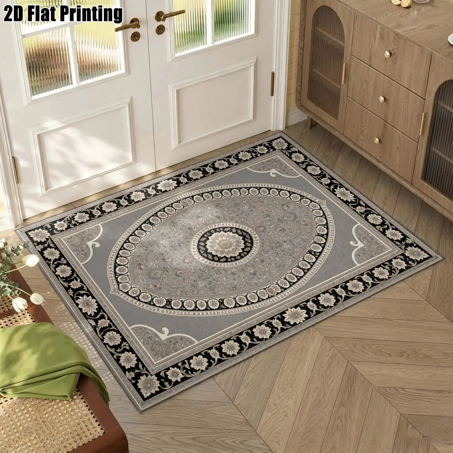 1Pc 2D Printed Grey-Brown Retro Scroll Flower Carpet, Perfect Home Decor, Machine Washable, Multi-Size & Multi-Scene Use