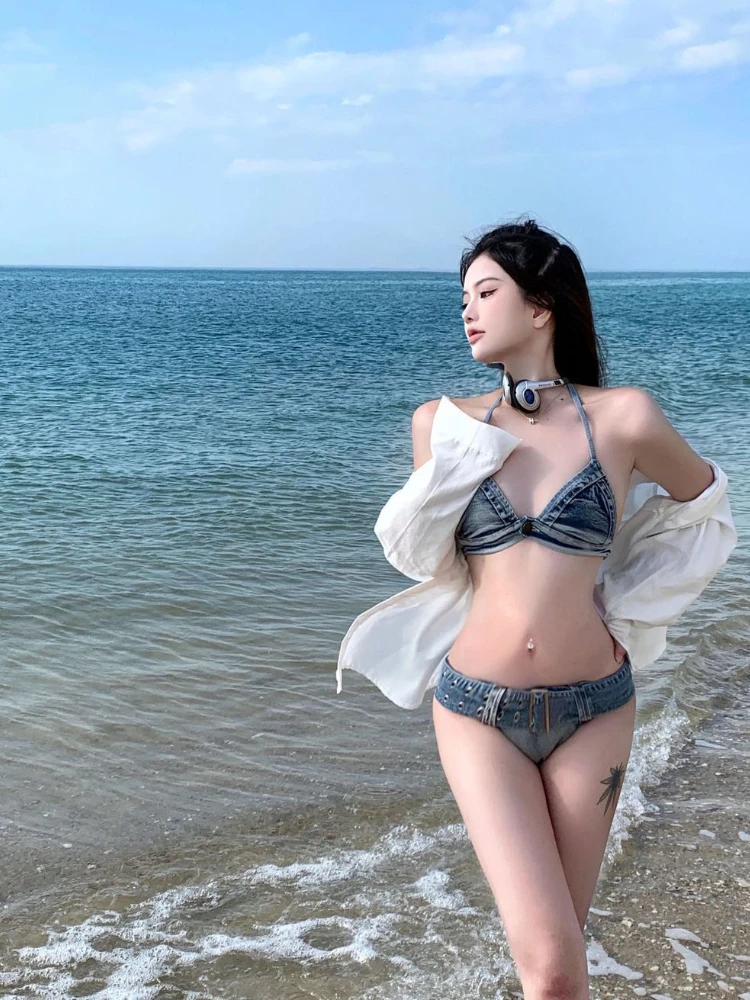 Conjunto de Bikini de Mezclilla a la Moda para Mujer, Top y Braguita de Corte Alto, Traje de Baño con Tirantes Ajustables, Ropa de Playa para Vacaciones