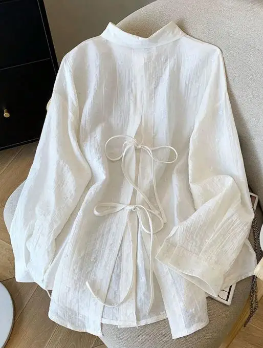 Blusa de mujer 2026 nueva primavera otoño Color sólido temperamento cuello vuelto manga larga suelta ajuste Casual diario camisa con cordones