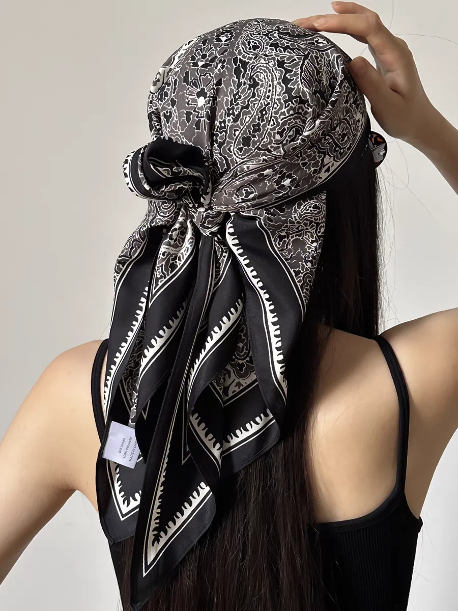 

Треугольный шарф с узором пейсли, тюрбан, шелковый шелк, 100% ручная закрутка, черный платок на голову, хиджаб, платок, шапка для девочек и женщин, саржа 14 мм