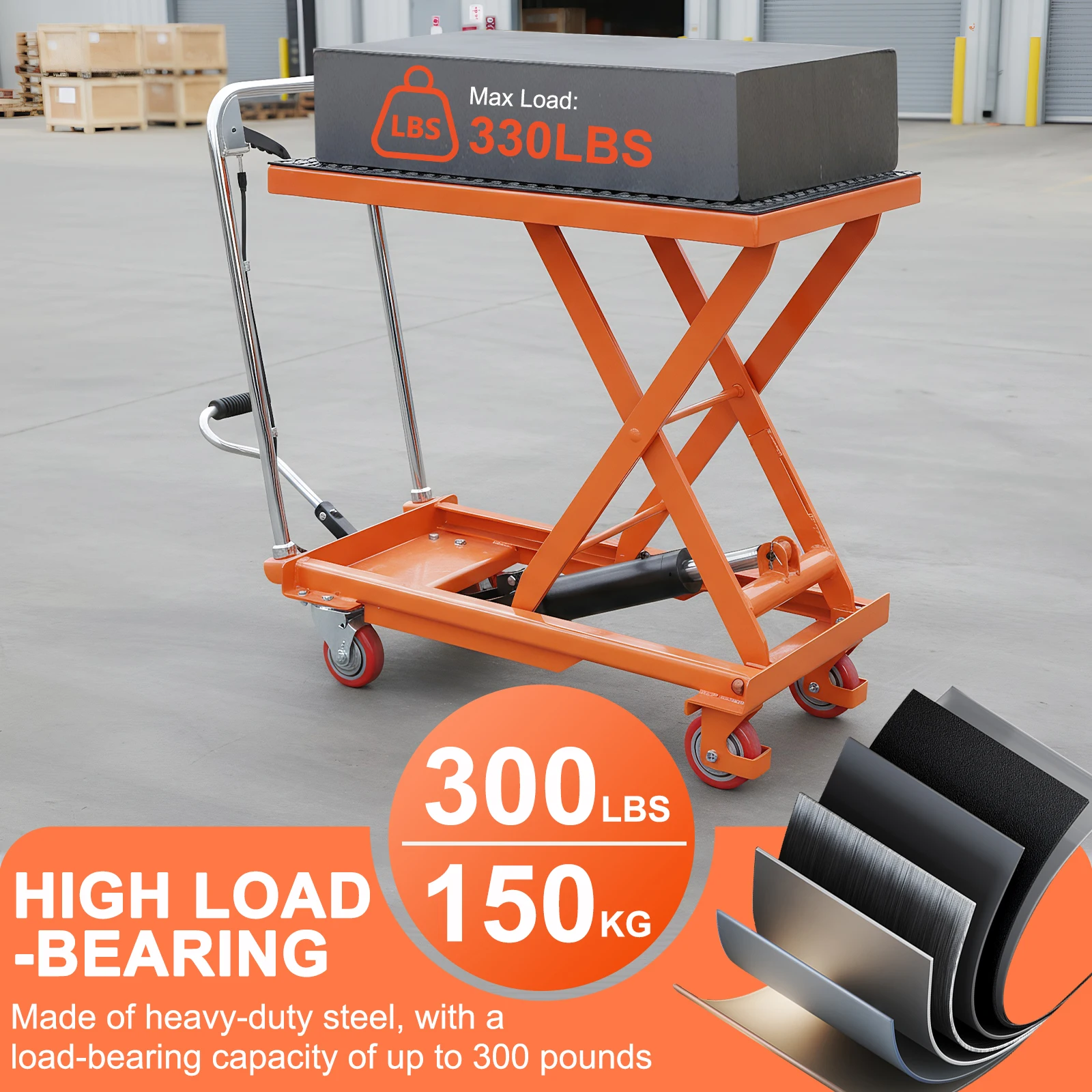 

Гидравлическая тележка-подъемник с грузоподъемностью 330 фунтов, ручной однозаклепочный подъемный стол с противоскользящей платформой и 4 колесами для перемещения материалов