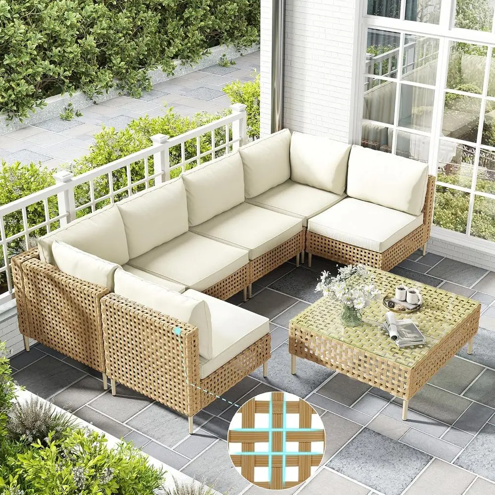 

Large 7-Piece Wicker Outdoor Sectional Furniture Set with Coffee Table, Weather-Resistant Cushions for Patio, Porch, Beige