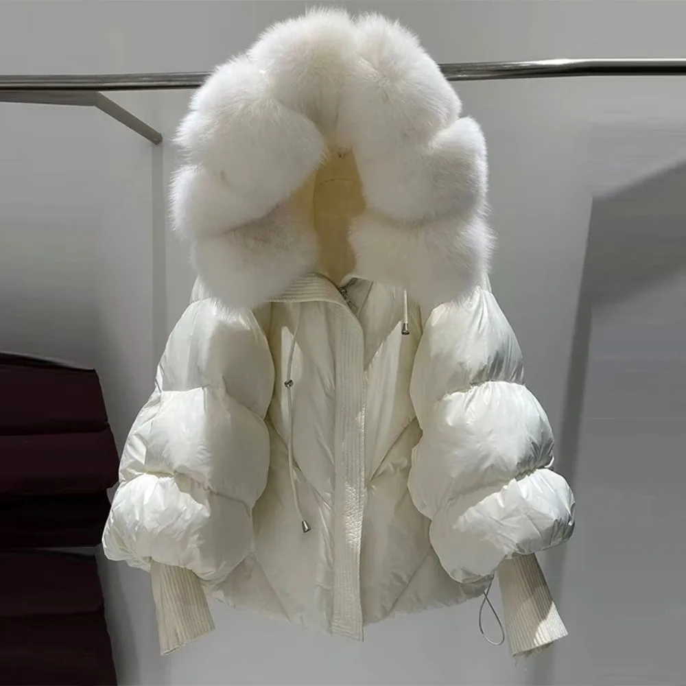 OFTBUY 2025 Nuovo Inverno Grande Vera Pelliccia Con Cappuccio Piumino Da Donna Addensare Caldo Cappotto Con Maniche Lavorato A Maglia Piumino D'anatra Bianca Medio Lungo Parka