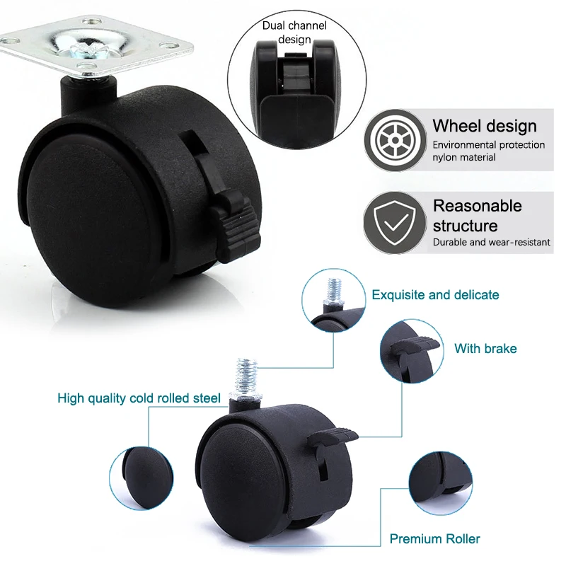 1Pair 1inch Universal Wheel Swivel Caster Roller Wheel Furniture Office Chair Caster With Brake For Luggage Accessories