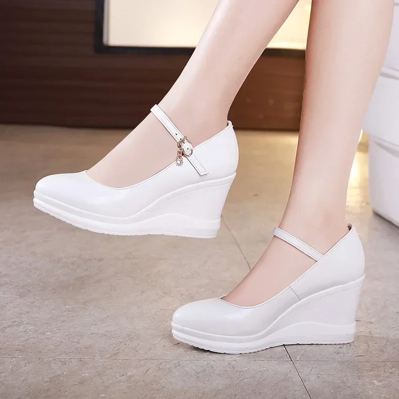 7cm Small Size 32-43 Shallow Red Soft Leather Shoes Woman High Heels Spring 2024 Thick Platform Wedges Shoes for Office Mom