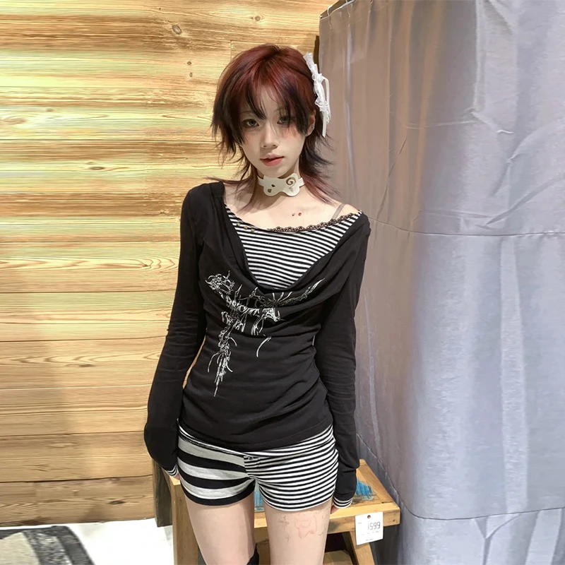 Genayooa Y2k اليابانية طباعة القمم غير النظامية المرقعة تي شيرت المرأة سوينغ طوق القوطية خمر الجرونج وهمية قطعتين القمم 2000s #5