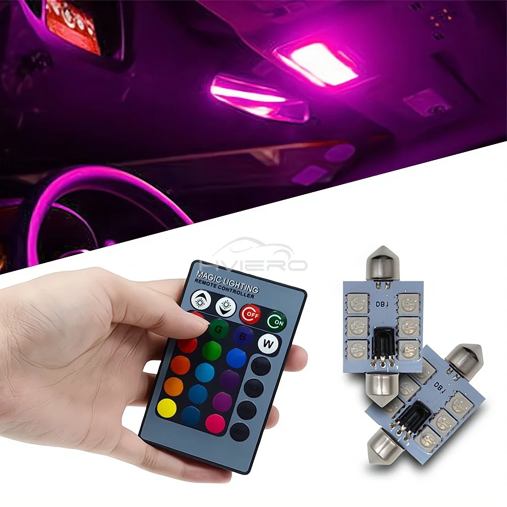 2Pcs RGB 6SMD 지붕 돔 꽃줄 독서 램프 C5w 자동차 자동 원격 제어 분위기 Led 환영 조명 차례 신호 트렁크 전구 썸네일 5