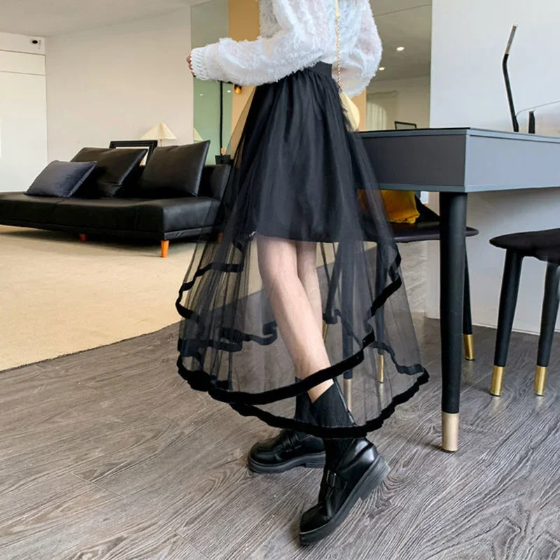 Y2K Women Mesh Skirt Korean Irregular Patchwork A Line Midi Skirt Gothic Female Summer All Match Ball Gown Skirts New