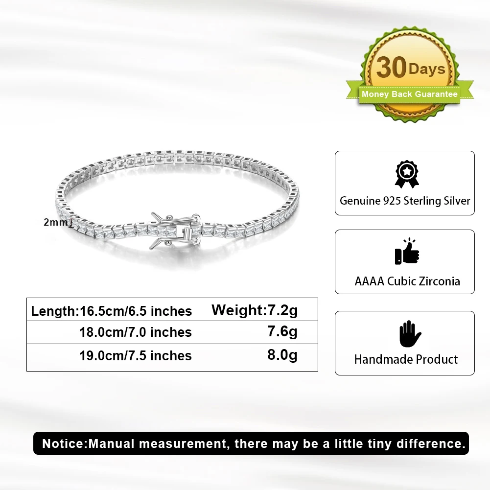 ORSA JEWELS Real 925 Sterling Silver 2mm Tennis Chain Bracelet for Women Fashion Princess-Cut Cubic Zirconia Chain Jewelry SB144