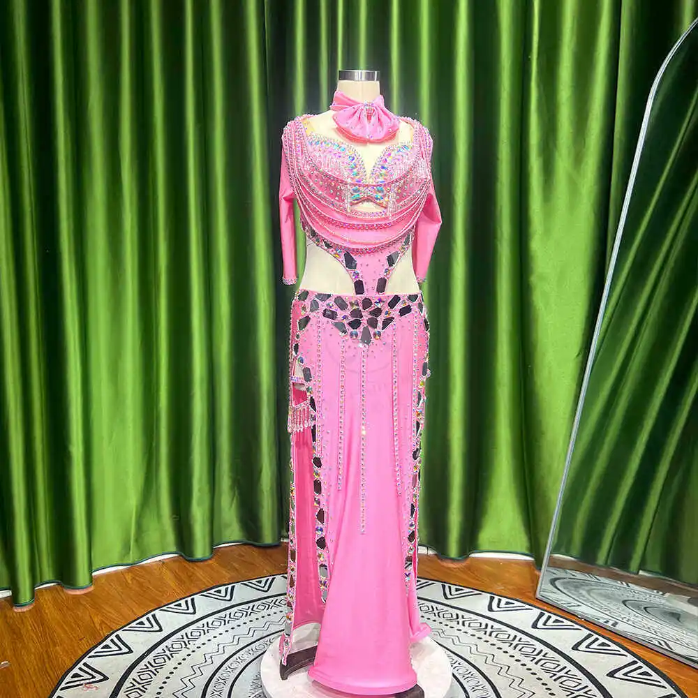 

Adult Women High Quality Fabric Belly Dance Dress Sparkling Rhinestone Pink Long Sleeve Stage Performance Costume With Tassel