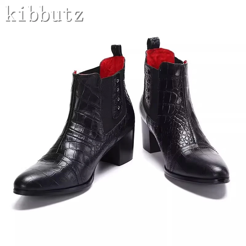 British Style Men Business Boots Black Rivets Pointed Toe High Heels Chelsea Boots Male Party Wedding Dress Shoes