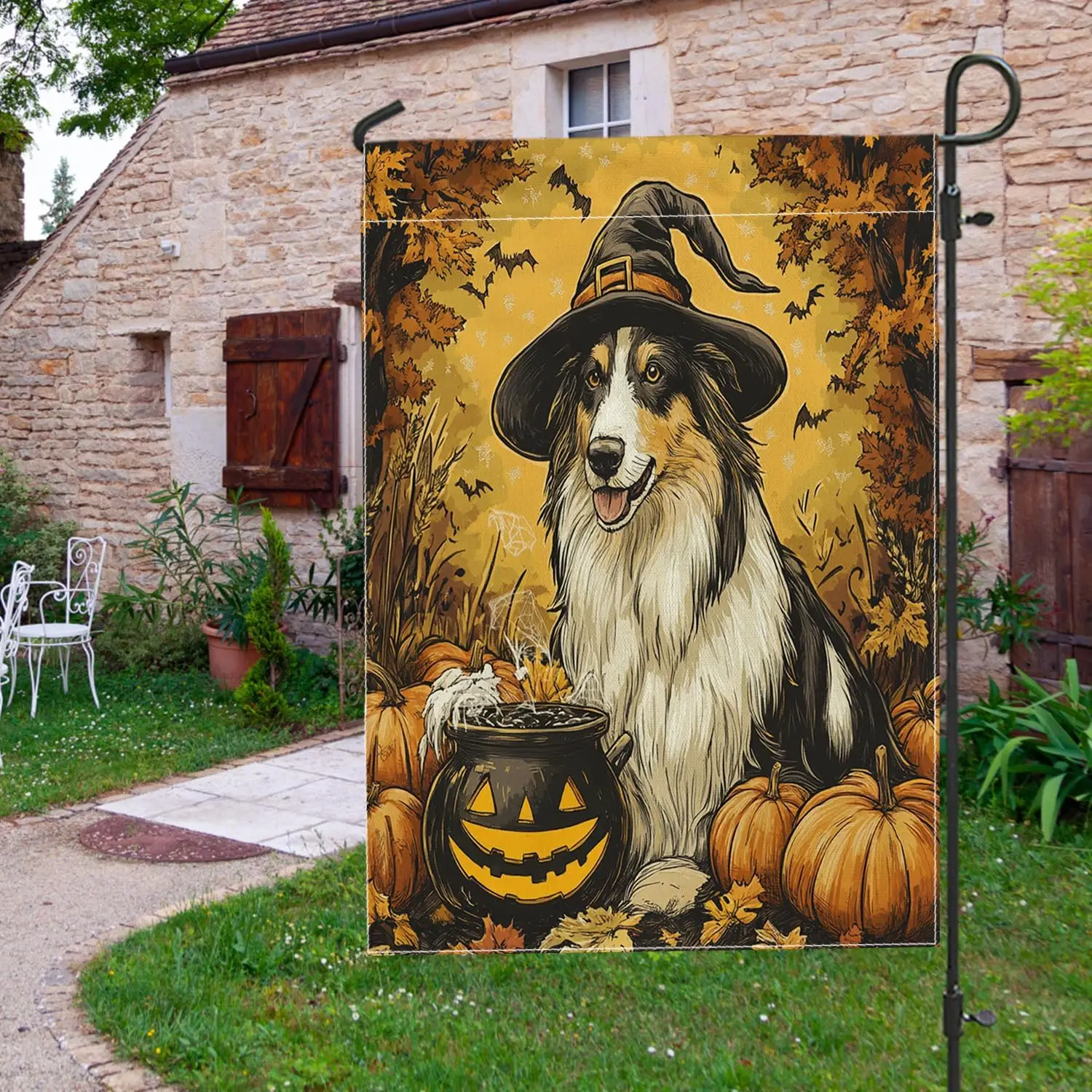 Vintage Halloween Rough Collie Dog Front Yard Backyard Burlap Garden Flags 12x18 Double Sided for Outside, Witch Cauldron Pu KZA