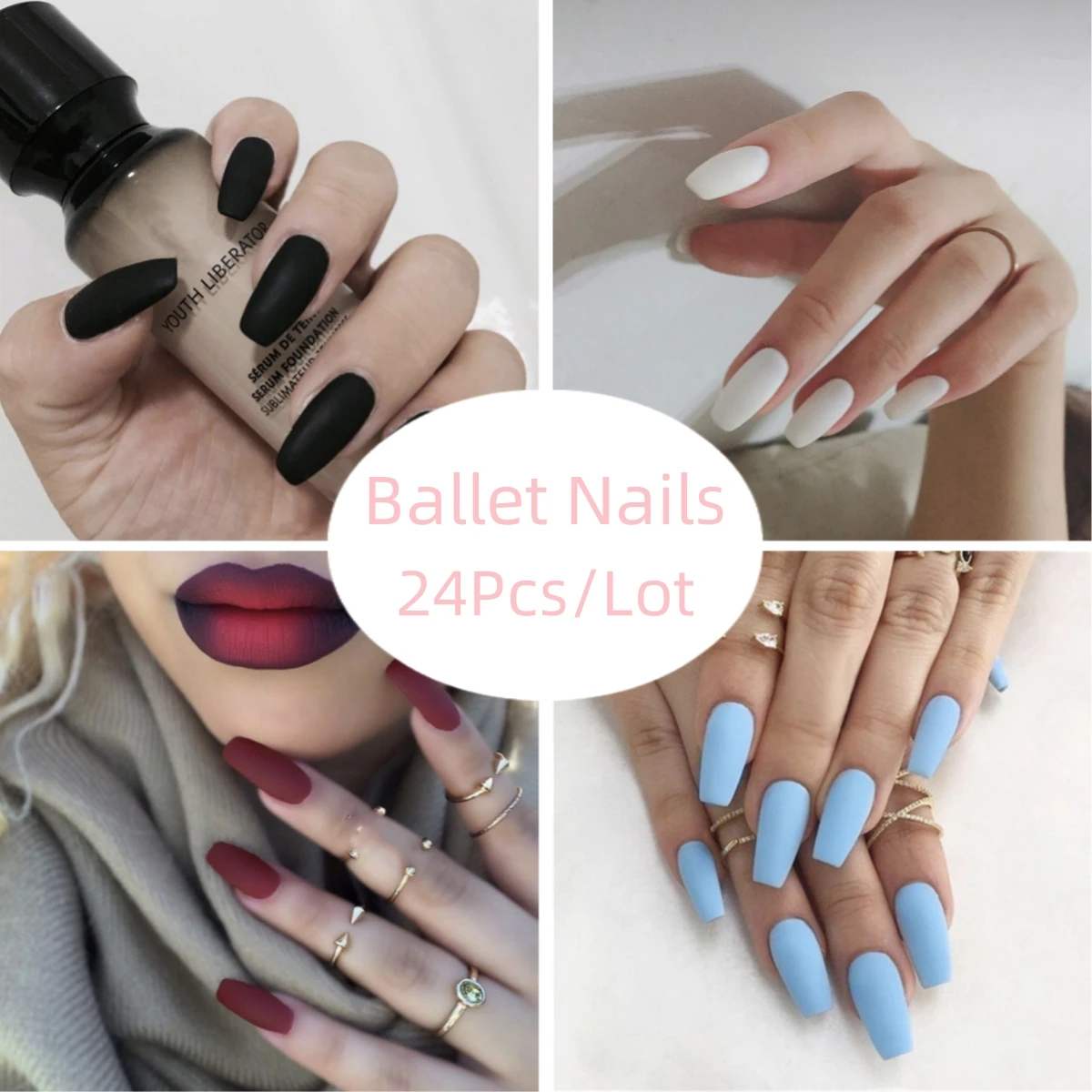 

24Pcs/Lot White Ballet Wearing Fake Nails Art Solid Color Simple Artificial Acrylic Press on Nail Removable Stick on Nails False