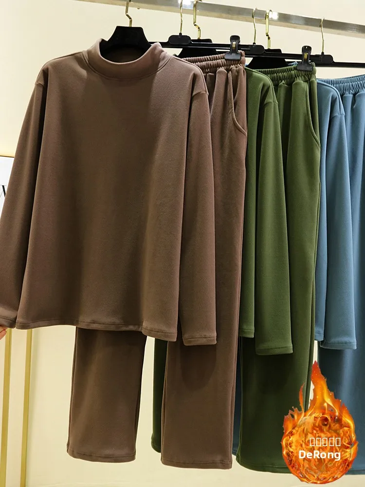 

Men's Thiened Long Sve Home Clothes Set High Collar Winter Inner Wear Color Base irt plus Size Warm Spwear