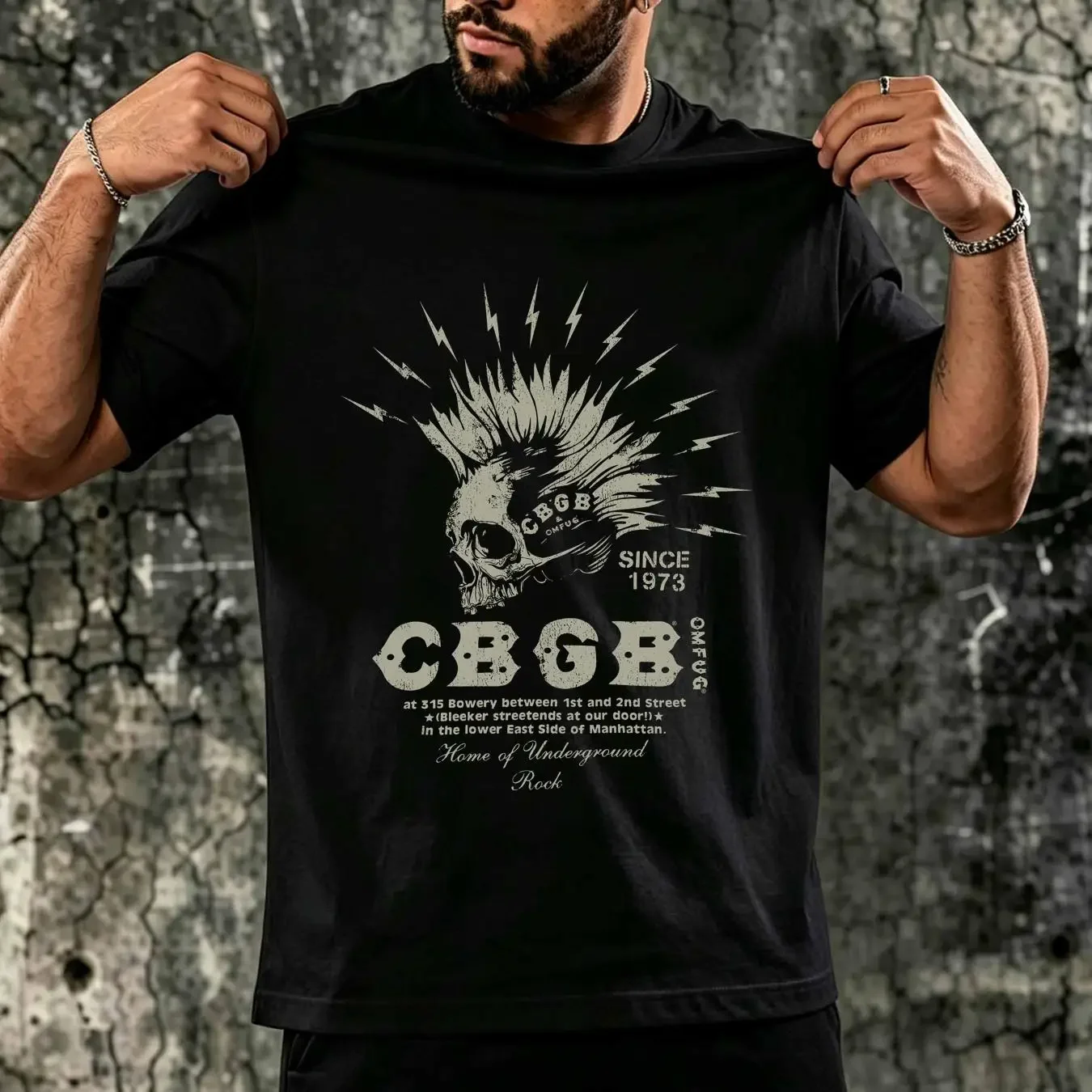 washed T Shirt CBGB OMFUG Electric Skull Licensed Home Of Underground Rock Black long or short sleeves vintage Washed Versatile