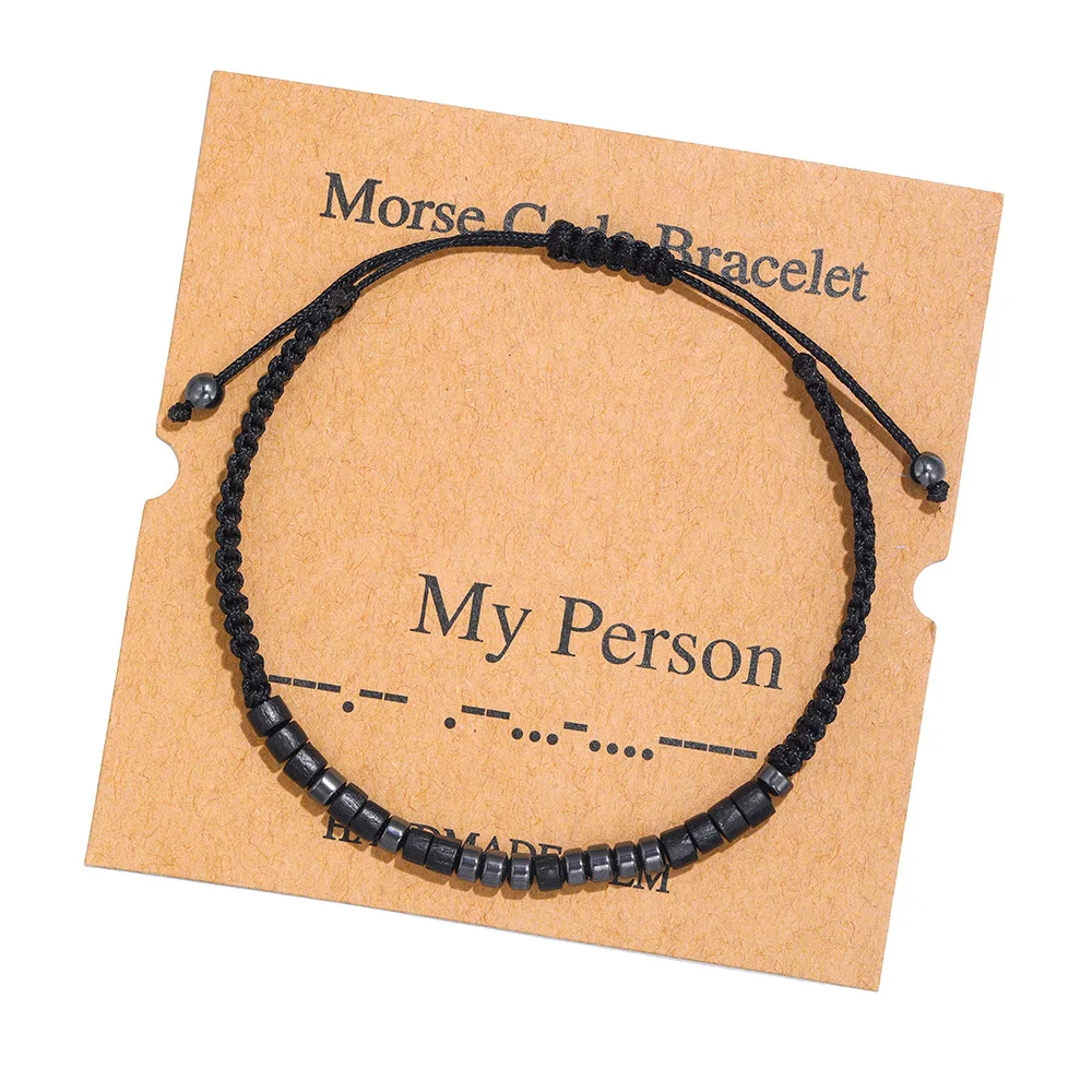 New Handmade Morse Code Beads Adjustable Black String Bracelet Hematite Stone Beaded Charm I LOVE YOU Bangle Jewelry