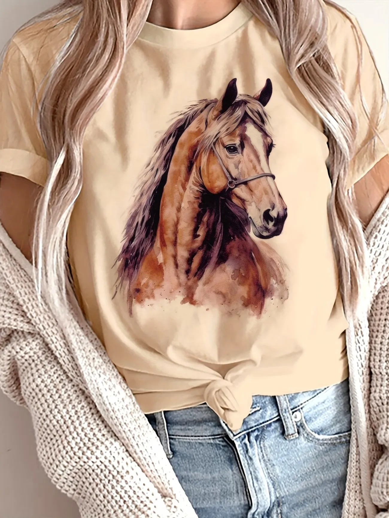 Graphic Vintage Female T Shirt Painting of A Horse Graphic Pattern Printed Casual Round Neck T-Shirt Women Clthing