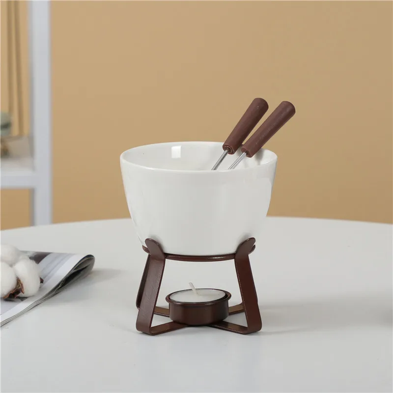 Chocolate Fondue Set with Forks - Ceramic Melting Pot for Chocolate Cheese Butter Tealight Fondue Pot for Parties And Gatherings