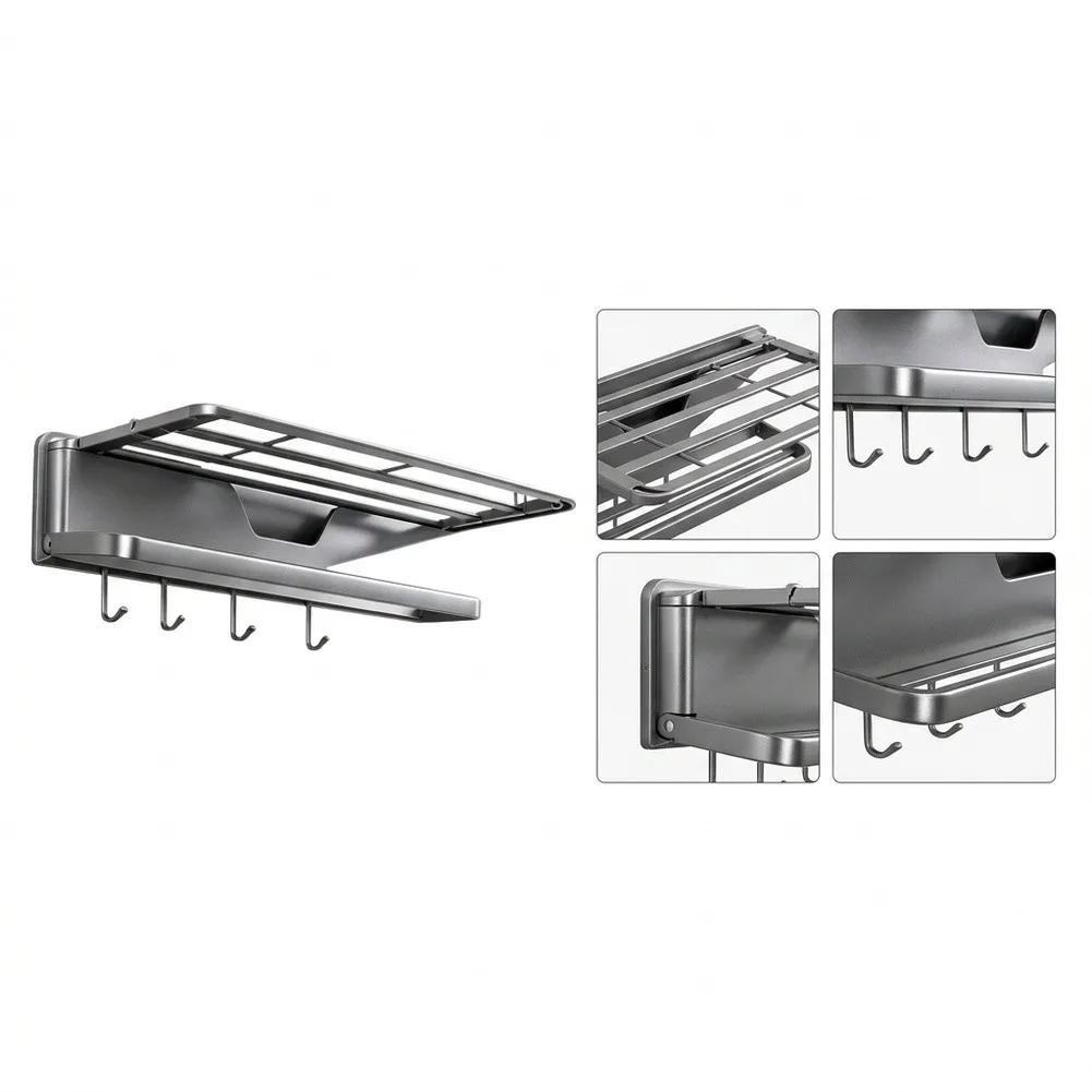 Space Saving Foldable Towel Rack for Bathroom - Tool Free Mounting - 20cm Extended Depth - Gray Carbon Steel Shelf
