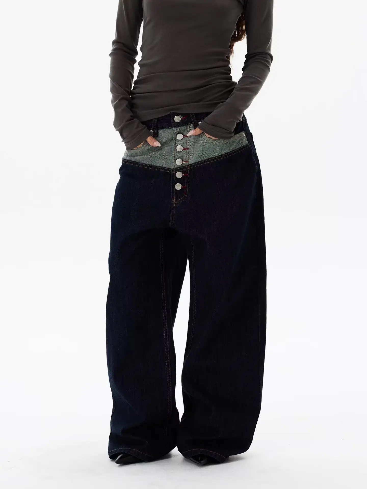 

Y2K Men's Vintage Spliced Button Fly Wide Leg Jeans High Waist Patchwork Denim Pants Streetwear Casual Baggy Loose Denim Pants