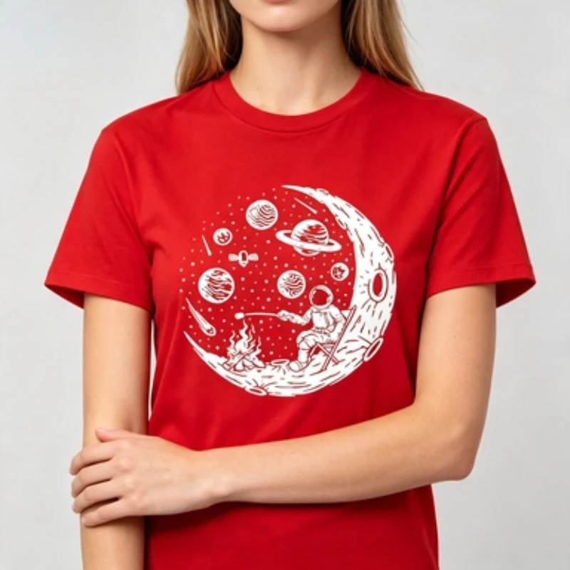 Space Lover Men Cotton Tshirt Astronaut Roasting Marshmallow On Crescent Moon Retro Galaxy Planet Graphic Short Sleeve Tees