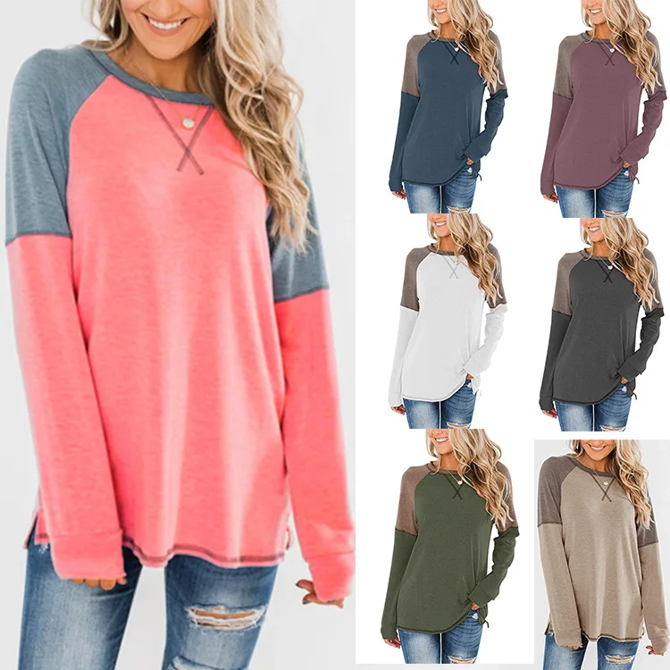 New European and American Women's Long Sleeve Splicing Round Neck Casual T-shirt Loose Top