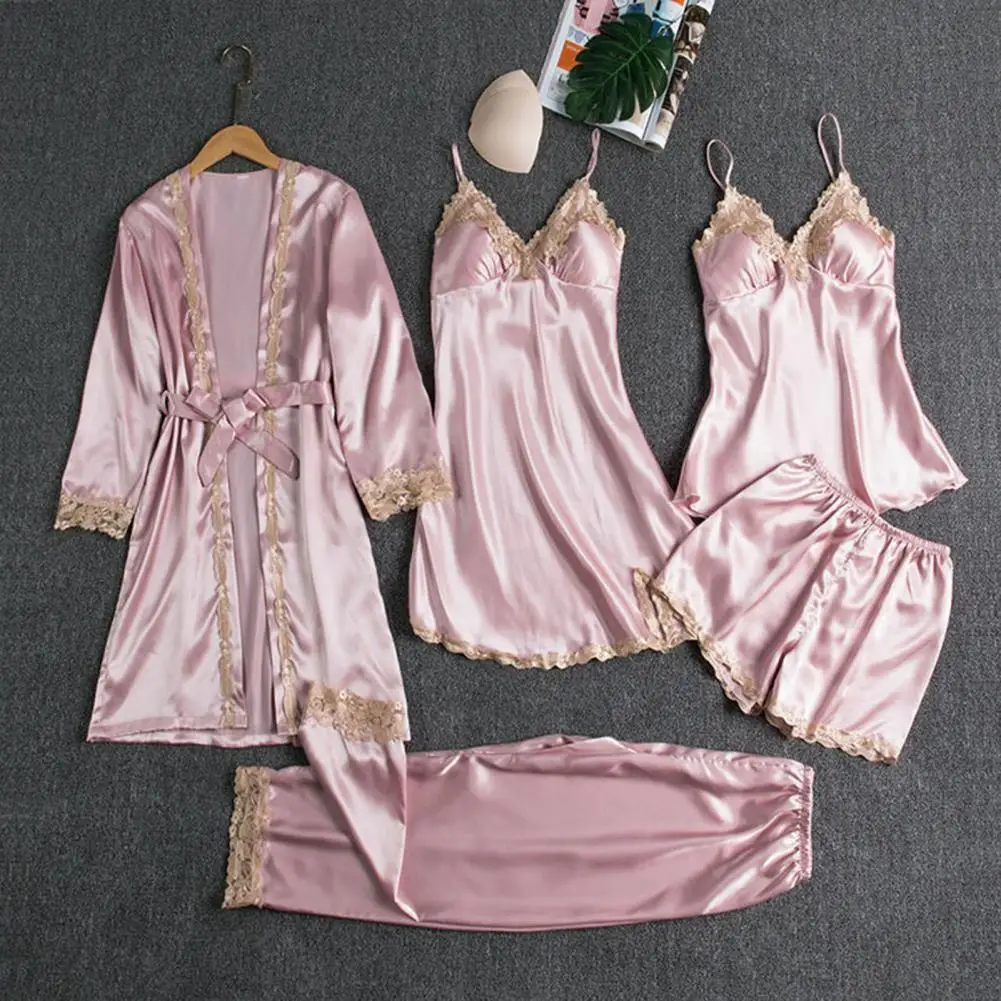 Long Short Nightgown Set Elegant Satin Lace Pajama Set with Lace-up Waist 5-piece Women's Nightwear Set Silky for Comfortable