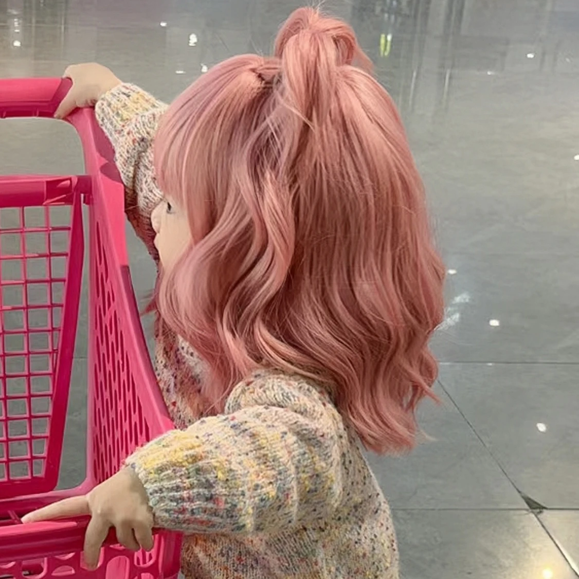 Children\'s Wig Girl Pink Medium Length Curly Hair Baby Bubble Face Hairstyle Baby Cute Reborn Doll Accessories Kids Head Cover