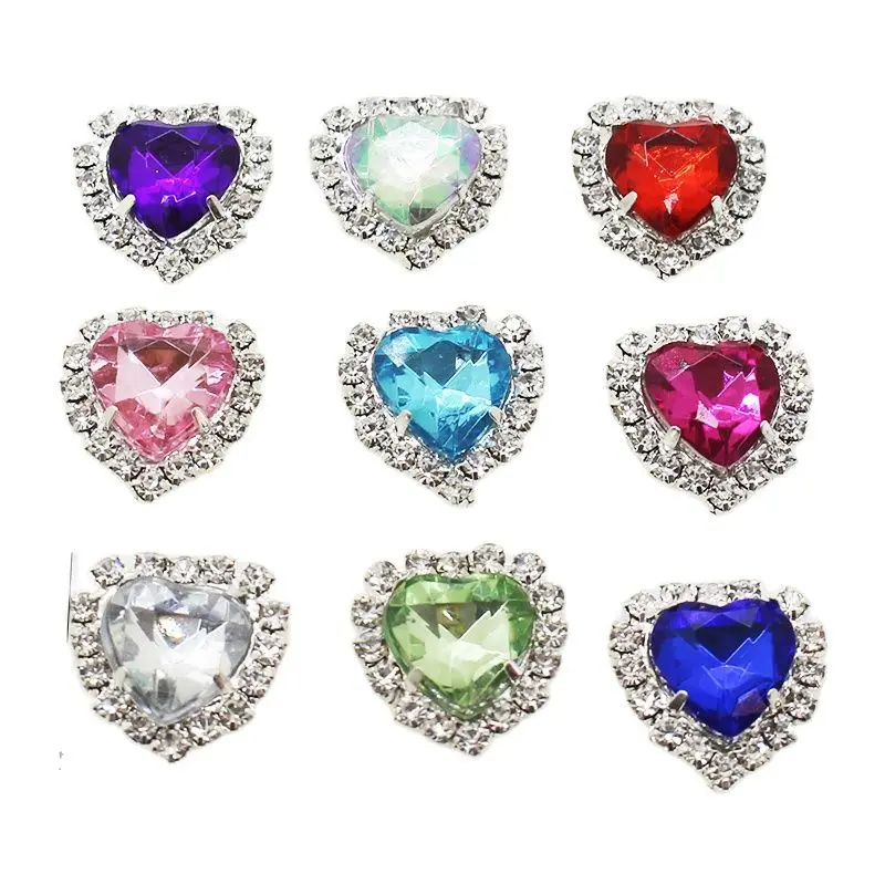 Hot Sale 10pcs / multi Peach Heart Rhinestone Button Clip Acrylic Multicolor Decorative Clothing Sewing Accessories Flat Bottom