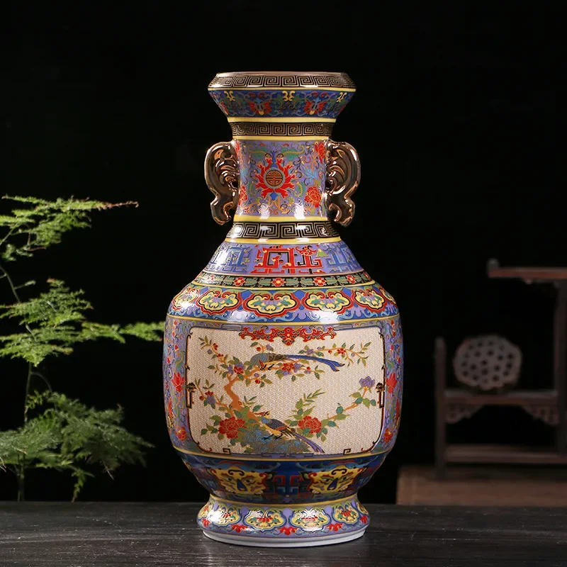 for Antique Chinese Porcelain Enamel Color Window Binaural Flower and Bird Bottle Jingdezhen Home Living Room Ceramic Vase
