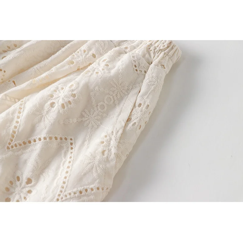 Ele bestickte, ausgehöhlte Baumwoll-Ort-Hose für Damen, lockere Freizeithose mit weitem Bein, bequem, atmungsaktiv, Sommerfaion