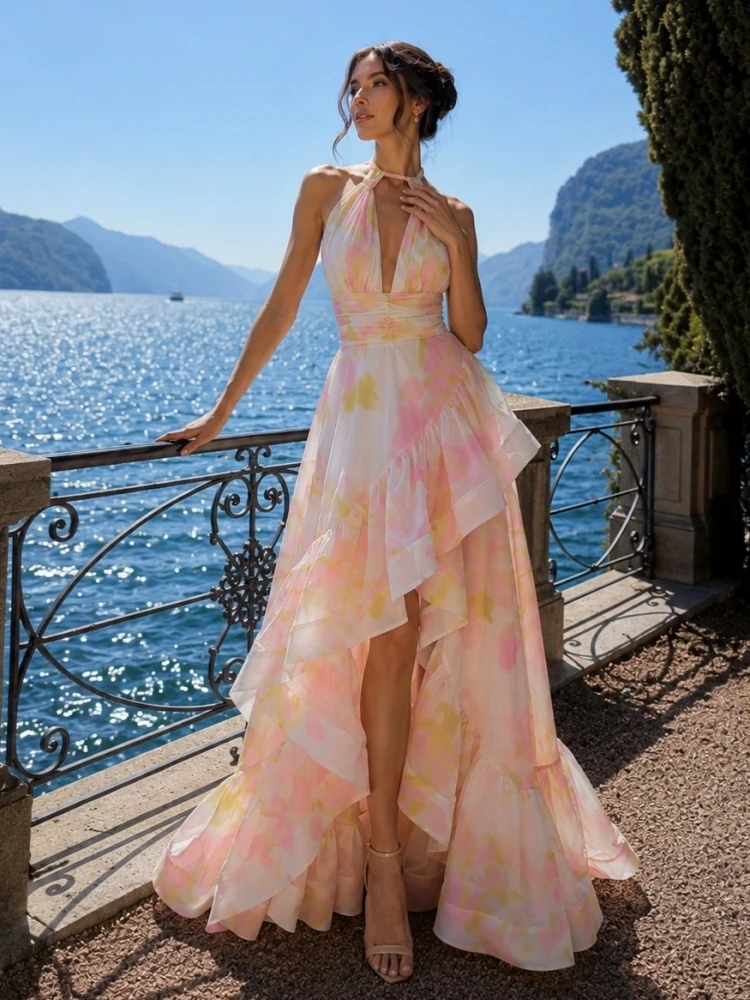 Sexy Halter Neck Hollow Out Printed Slim Long Dress Women Sleeveless Backless Ruffles Split Dresses Evening Party Formal Gowns