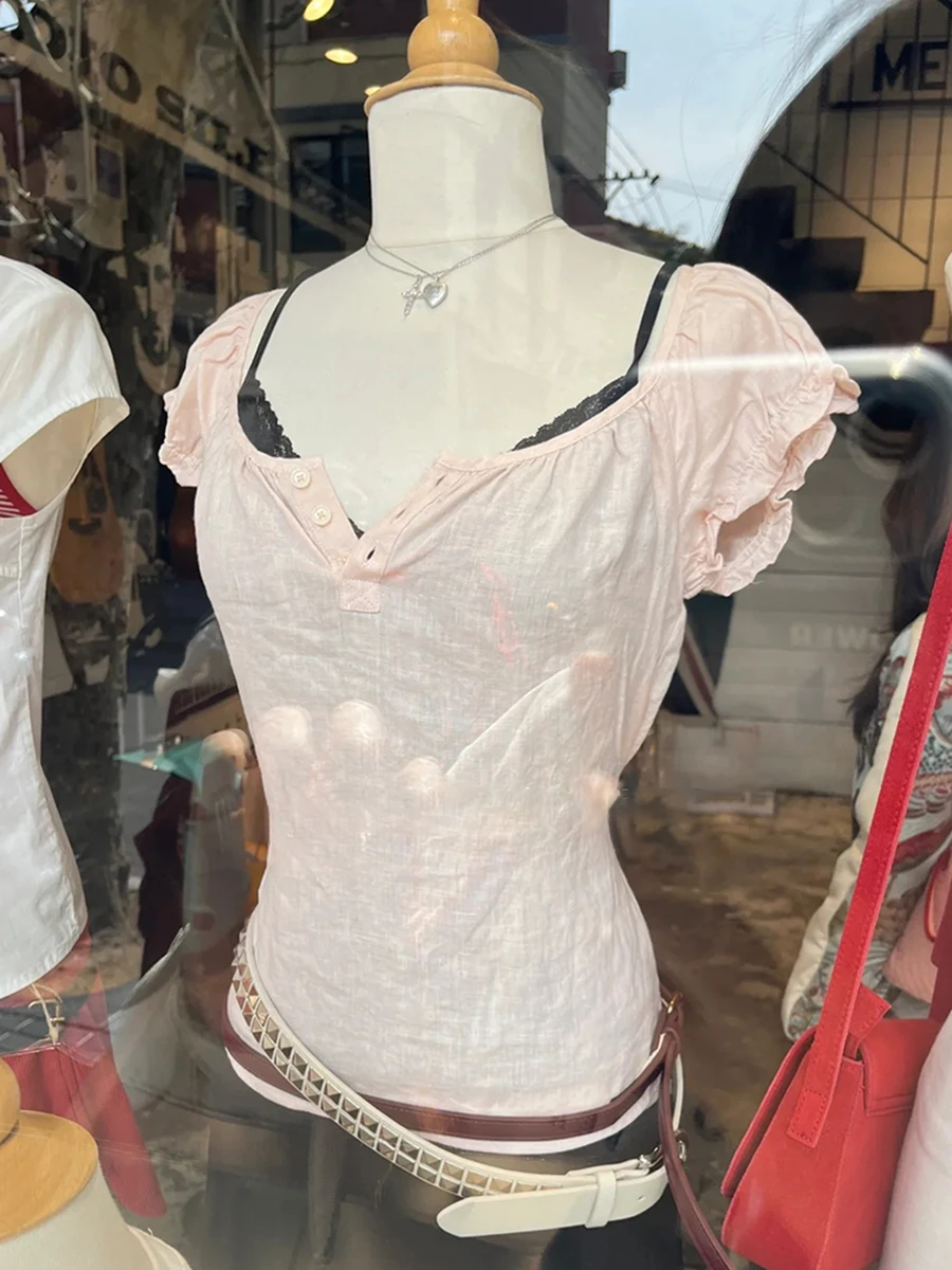 

Pink Back Lace-up Slim T-shirt Blouse Women Three Buttons Puff Sleeve Linen Tee Shirts Summer Solid Sweet Cute Tshirt Y2k Tops