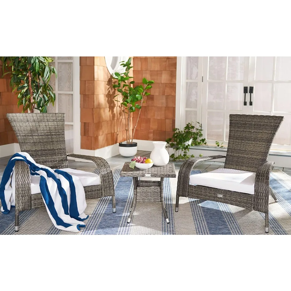 3-Piece Outdoor Lounge Set - Grey Brown & White - Steel Frame with Cushion - Tropical French Design