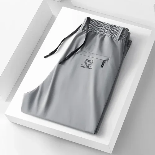Pantalones informales finos de tela de seda de hielo suave para hombre, pantalón recto de estilo coreano, de alta elasticidad, marca de lujo, verano 2024