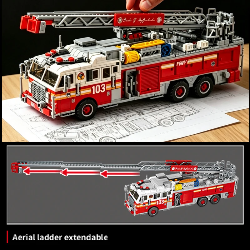 1332PCS American Classic Retro American Fire Ladder Toy Building Set With 8 Pieces In Scale - Aerial Ladder Extendable