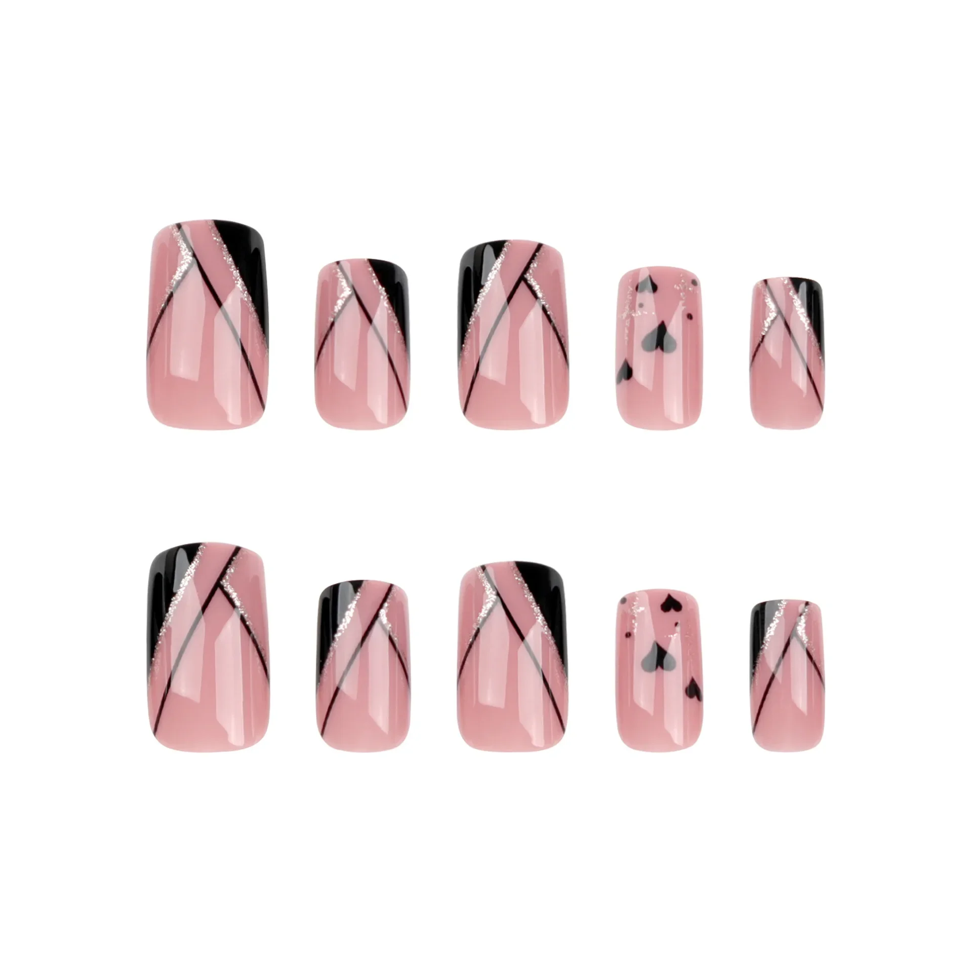 Simples francês borda inclinada prego falso, Design de pó brilhante, unhas postiças quadradas curtas, acrílico, pressione nas unhas, 24pcs