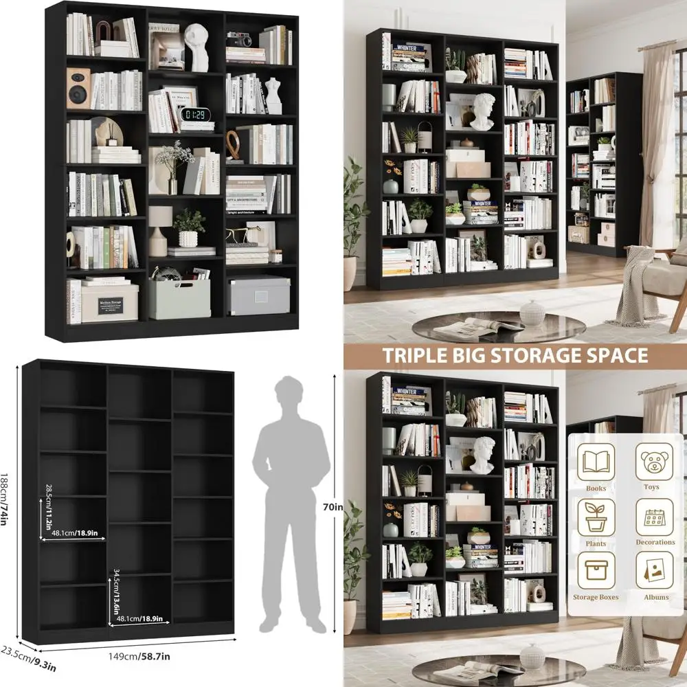 

Large 6-Tier Triple Wide Bookshelf, 74 Tall with 17 Open Shelves for Storage and Display