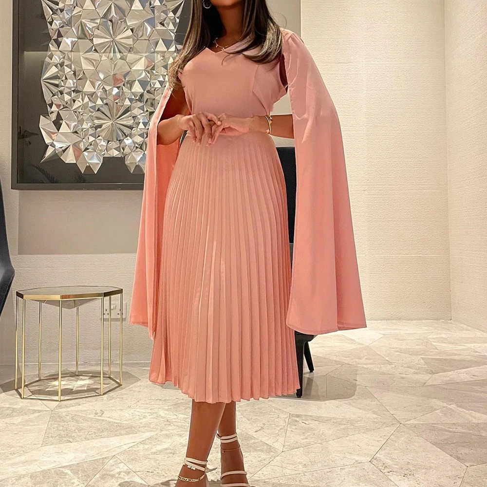 

Customized Formal Off the Shoulder Jersey Evening Dresses Fashion A-Line Tea Length V-Neck Long Sleeves Vestidos Para Mujer