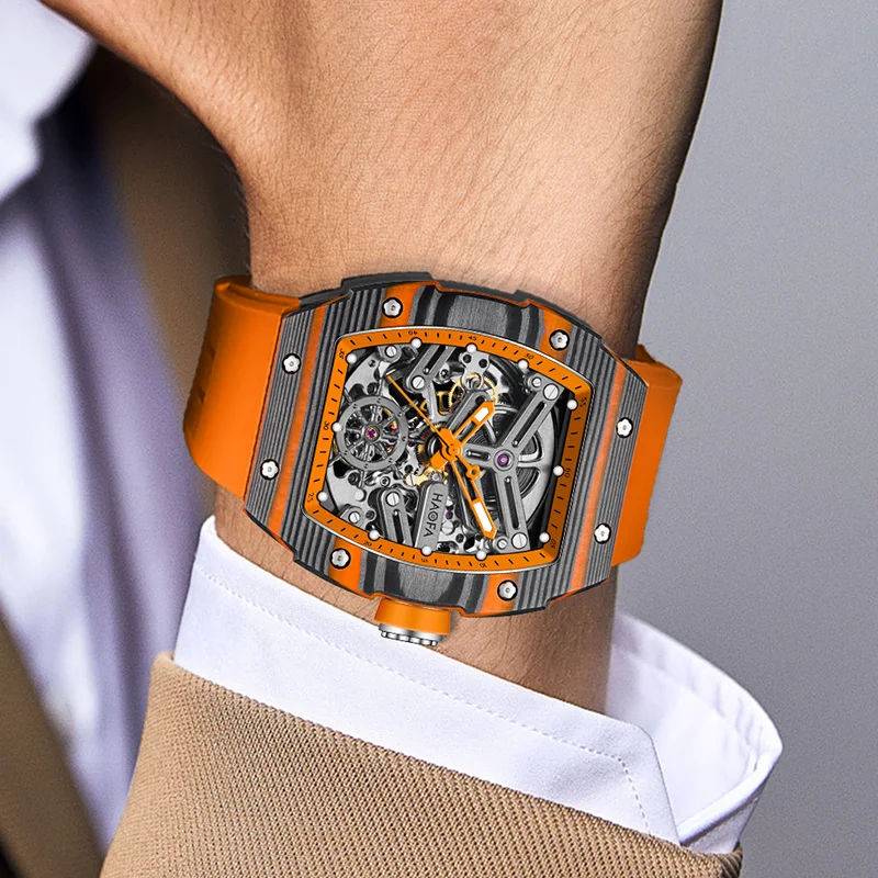 

Haofa Mechanical Luminous Watch Men Homme Hollowing Skeleton Automatic Movement Carbon Fiber Waterproof Business Fashion 1982