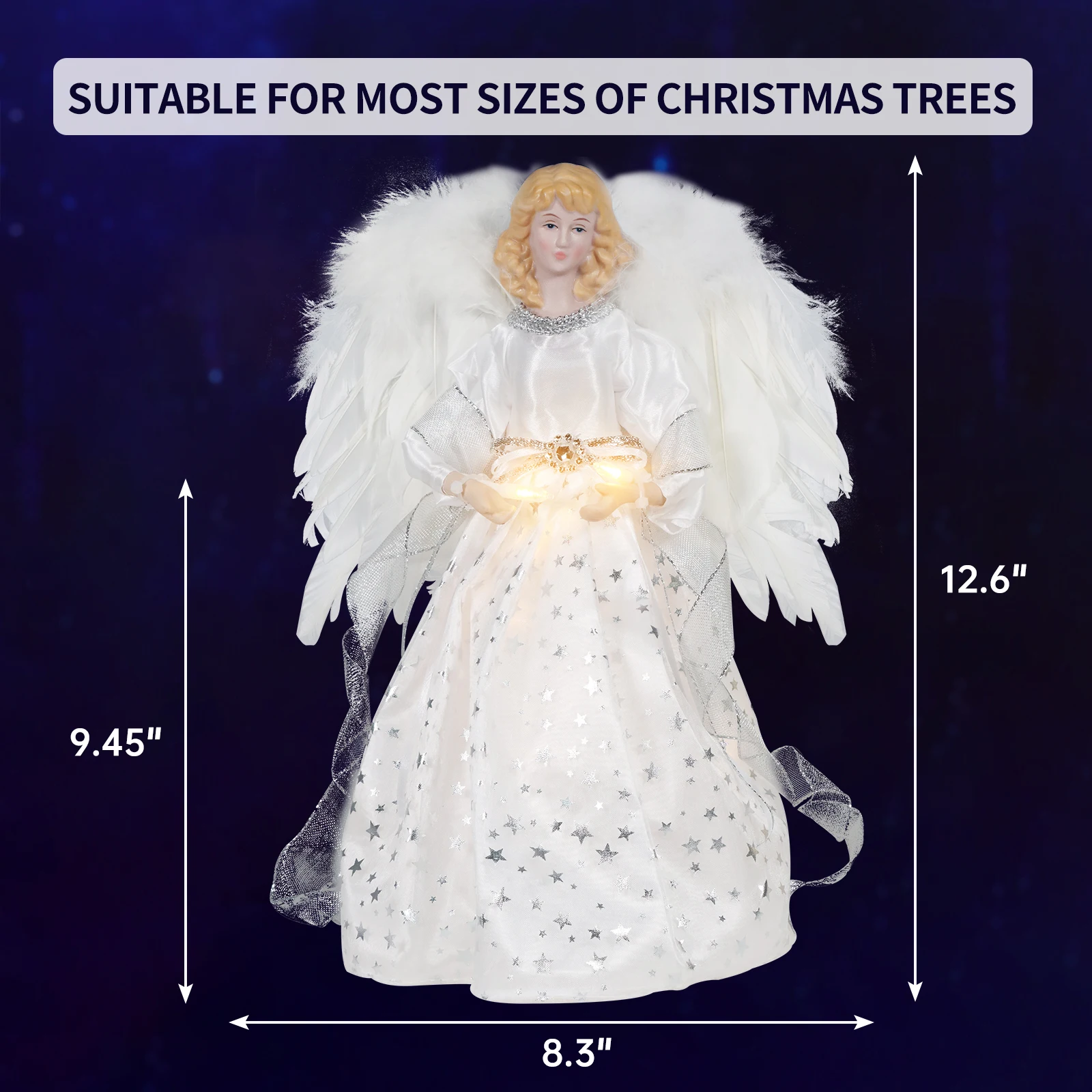 White Angel Treetop,10-Light Angel Doll with Feather Wing for Christmas Tree Decorations,Goddess Figurine Holiday Ornament