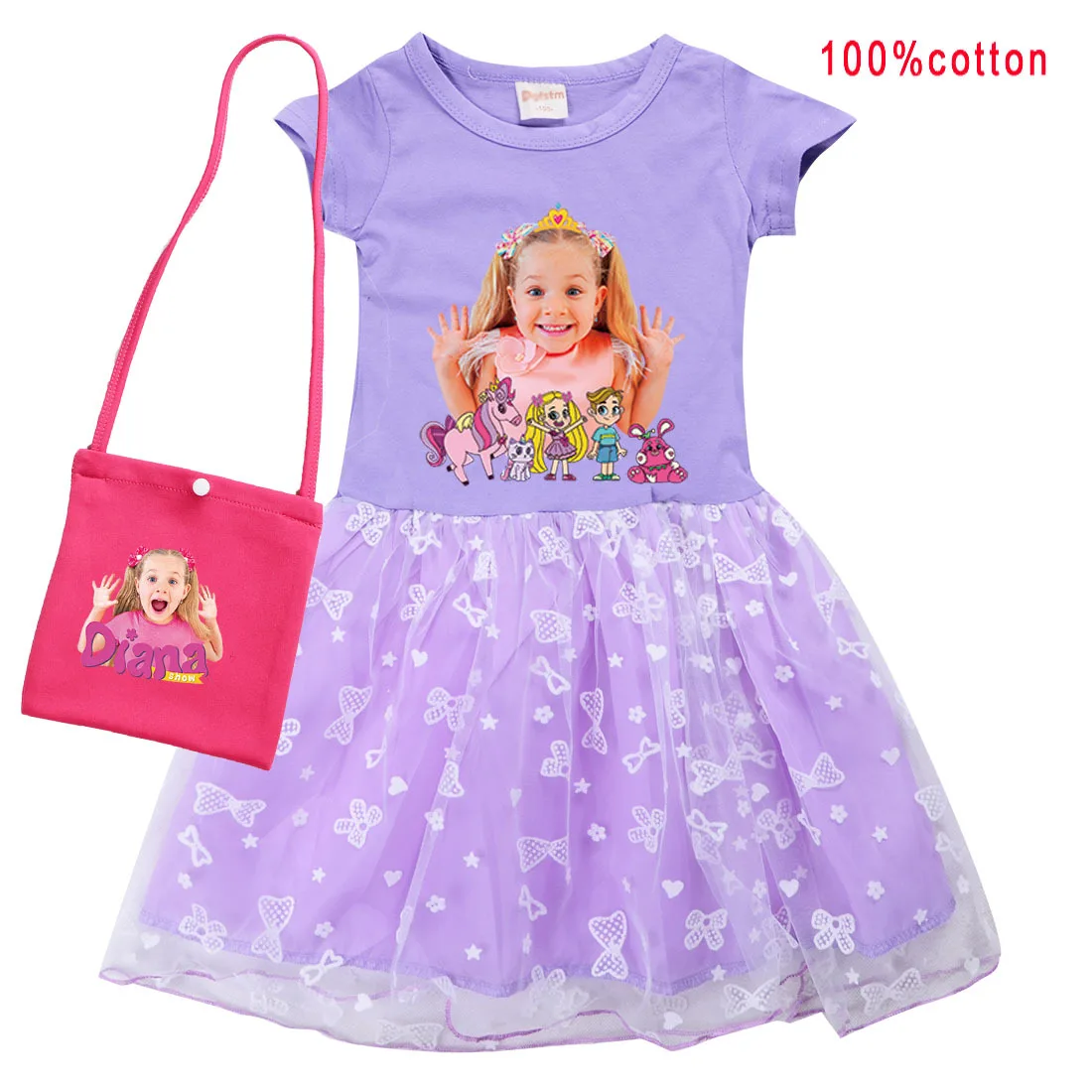 Lovely Diana and Roma Show Dress Kids Summer Dress Baby Girls Casual Dresses & Bag 2pcs Sets Kids Wedding Party Princess Vestido