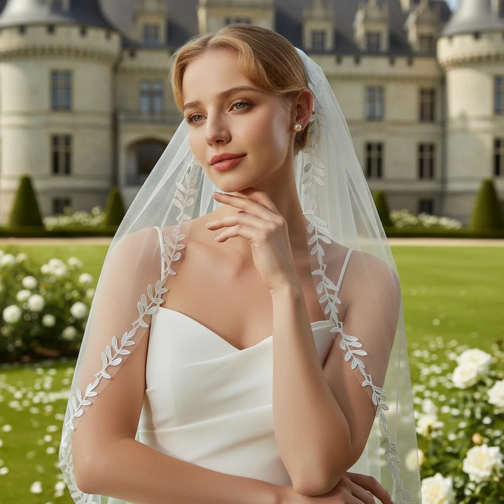 

Элегантная белая фата с нежной вышивкой в виде листьев, классическая свадебная фата для лица для невесты, украшение на голову невесты G129